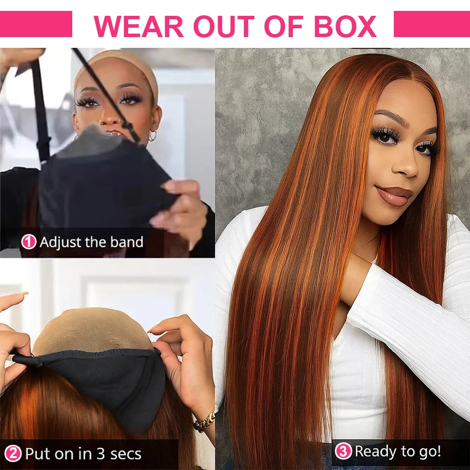 Brown Ginger Highlight Straight Wig – 5x5 Glueless & 13x4 HD Lace Front Human Hair