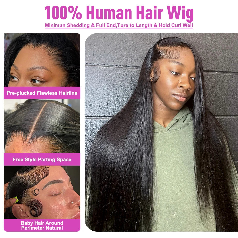 Bone Straight HD Lace Front Wig (13x4 / 13x6 / 5x5 Glueless) – Brazilian Remy Human Hair, Natural Black (30–40")