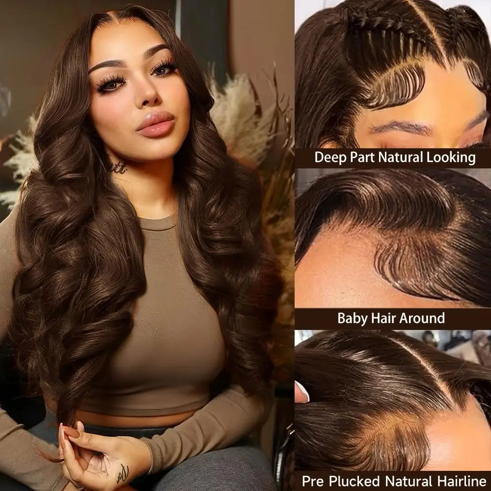 Chocolate Brown 13x4 Body Wave Transparent Lace Front Human Hair Wig – Pre-Plucked, 200% Density, 30 Inch