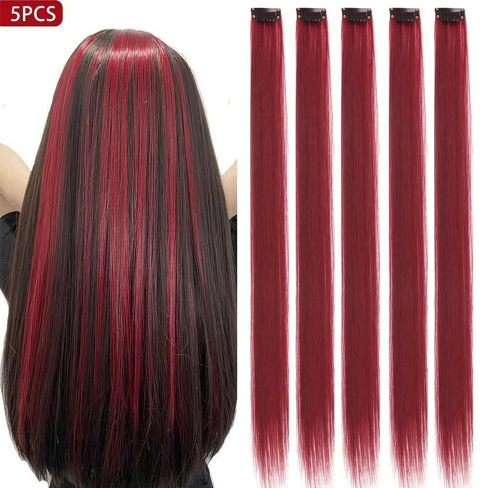 Straight Synthetic Clip-In Hair Extensions | 5pcs Set | 20 Inch | Bold Colors | Party & Cosplay