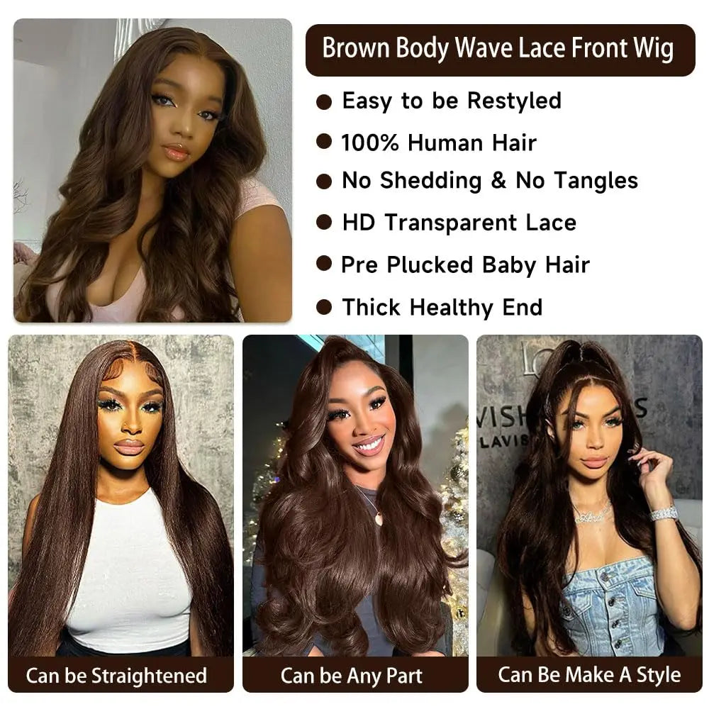 Chocolate Brown 13x4 Body Wave Transparent Lace Front Human Hair Wig – Pre-Plucked, 200% Density, 30 Inch