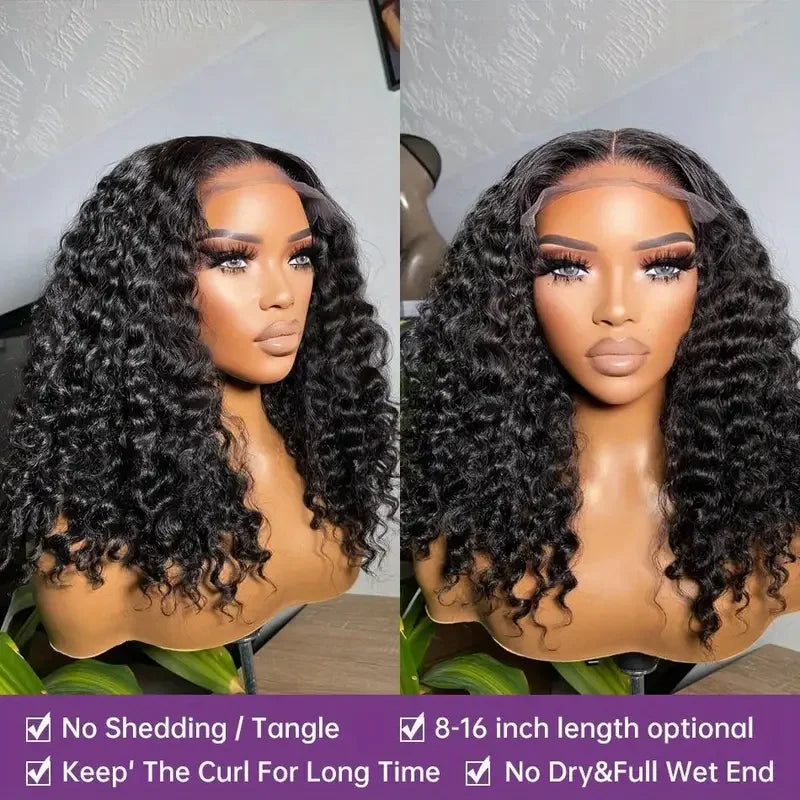 100% Brazilian Curly Lace Front Wig – Glueless Short Bob Deep Water Wave 13×4 HD Lace Frontal Human Hair Wig