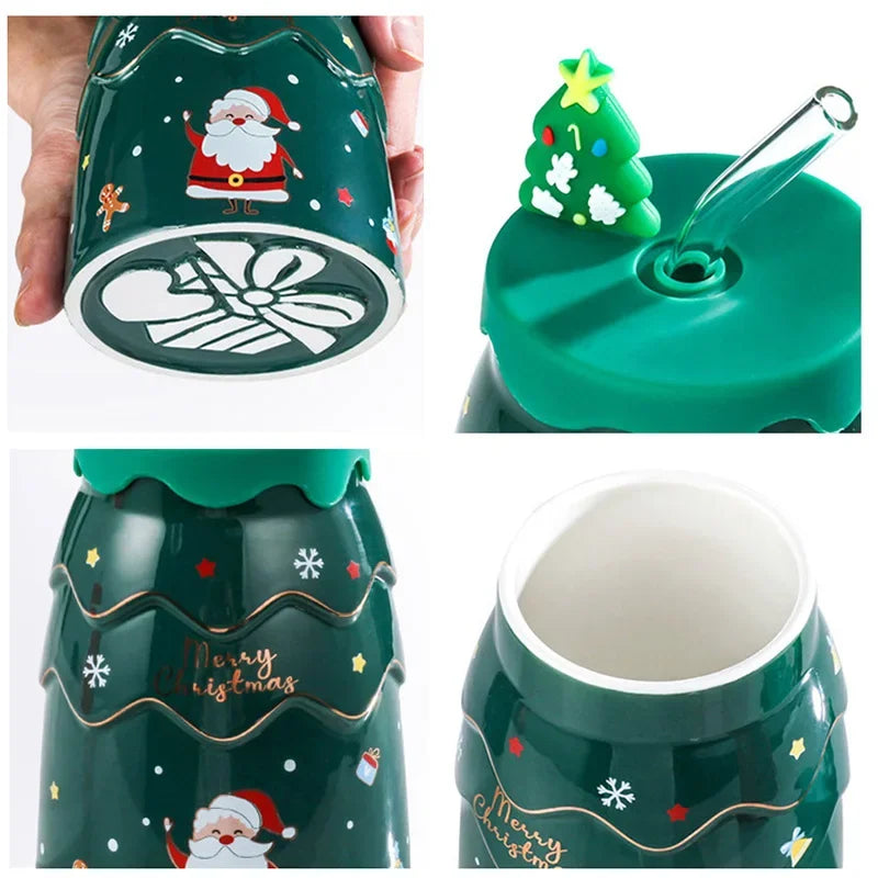 🎅 Christmas Ceramic Mug with Lid & Straw – Santa, Snowman & Tree Design Gift Cup