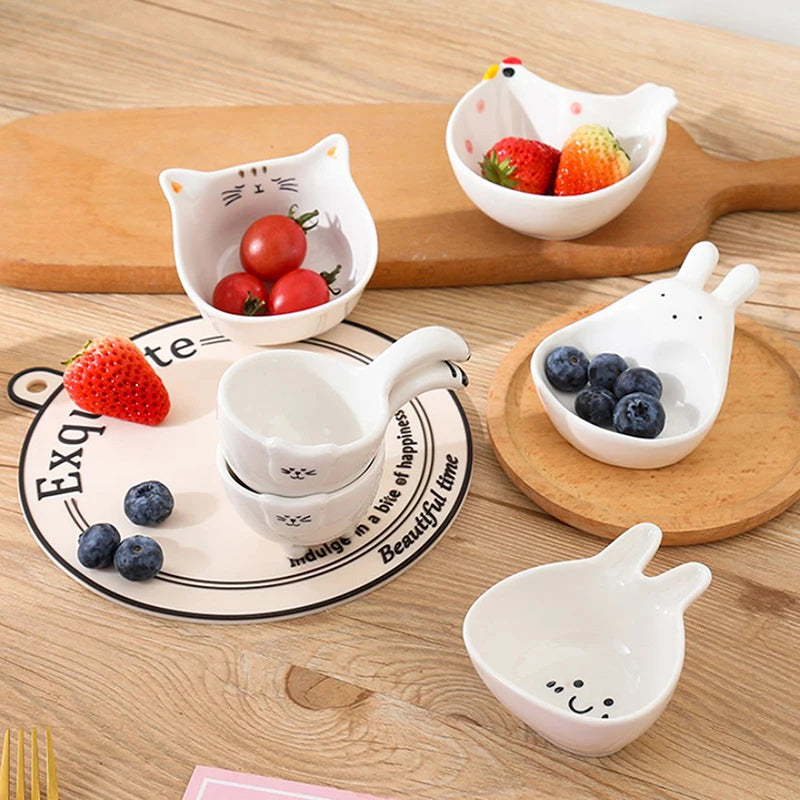 Cute Ceramic Mixing Dish with Handle – Bunny & Cat Dipping Bowl for Snacks & Sushi