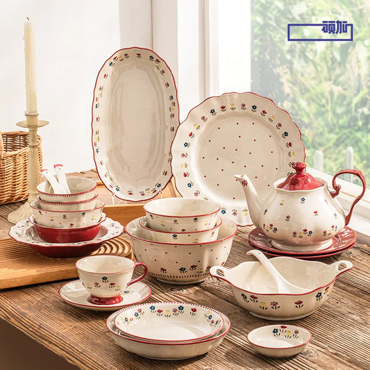 Vintage Floral Ceramic Dinnerware Set – Retro Soup Bowls, Salad & Pasta Plates, Microwave Safe Porcelain Tableware