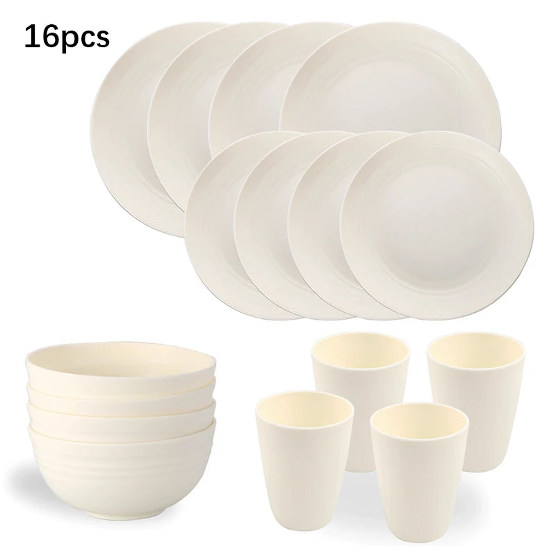 White Plastic Tableware Set – 4/16pcs Plates, Bowls & Cups for Home & Outdoor Dining