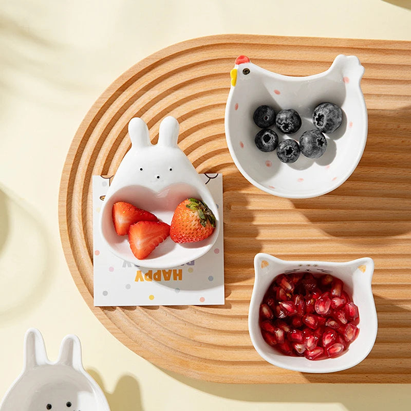 Cute Ceramic Mixing Dish with Handle – Bunny & Cat Dipping Bowl for Snacks & Sushi