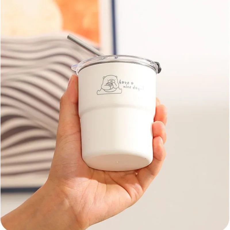 300ml Stainless Steel Tumbler with Straw & Lid – Portable Coffee Travel Mug