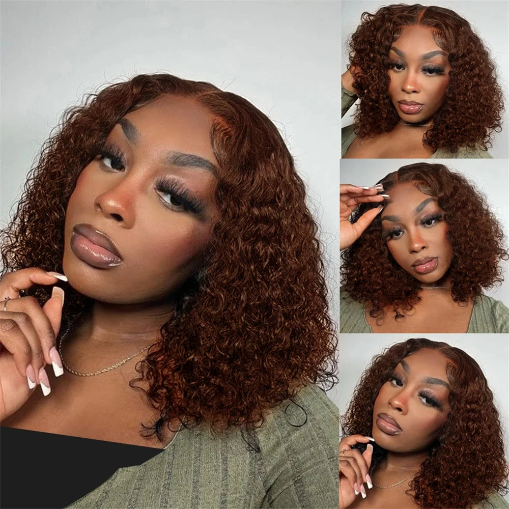 Happy Monday #4 Chocolate Brown Kinky Curly Bob Wig – 13x4 HD Transparent Lace Front, Deep Wave Remy Human Hair (Pre-plucked)