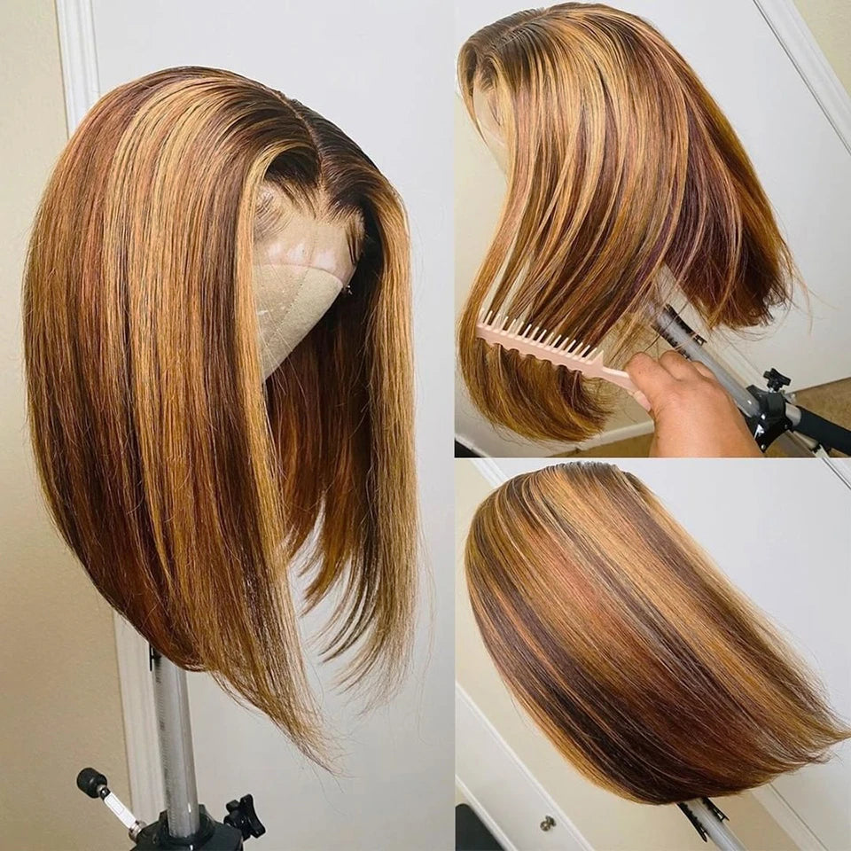 4/27 Ombre Highlight Straight Bob Human Hair Wig 13x4 Transparent Lace Front (Remy, Pre-Plucked)