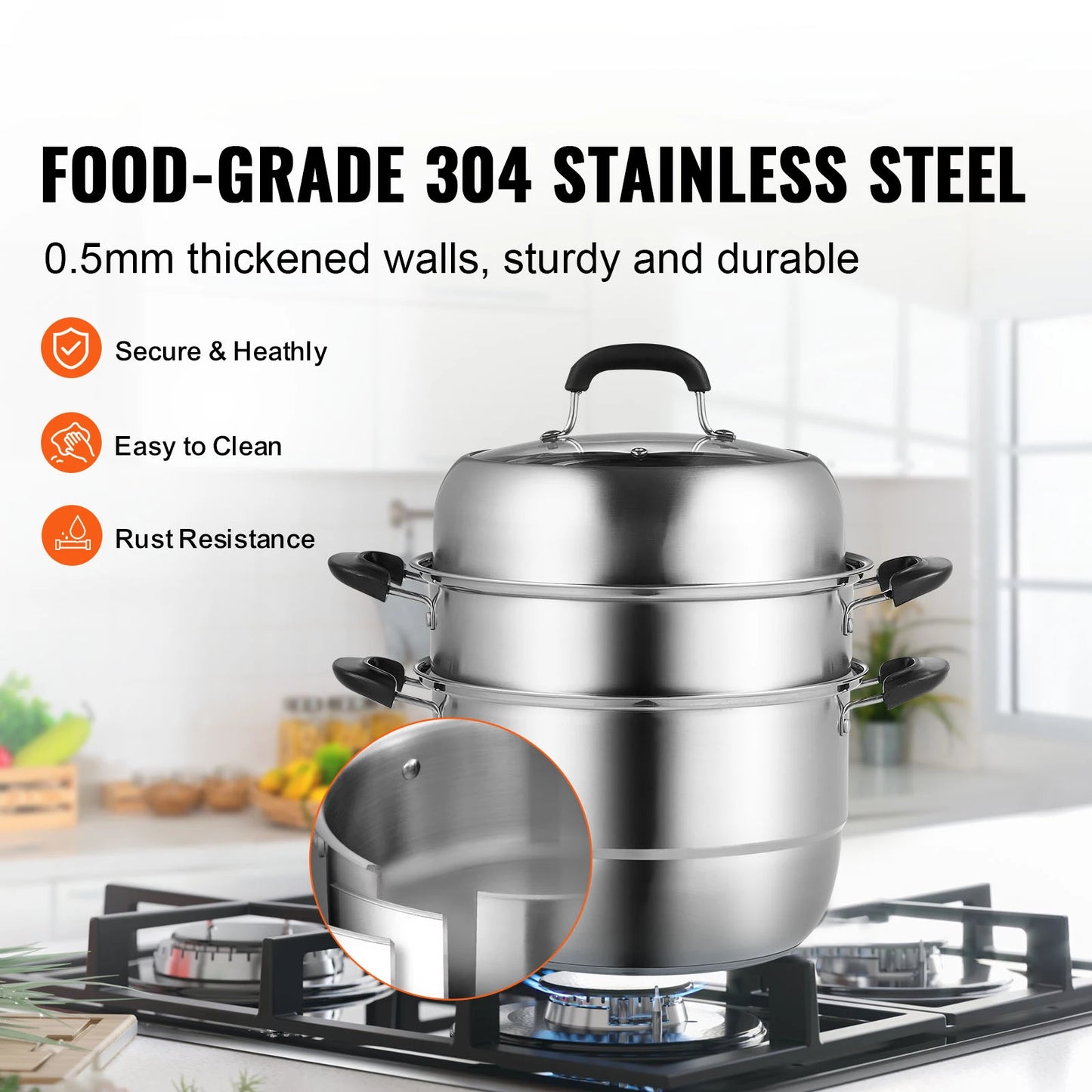 SucceBuy 3-Tier Stainless Steel Steamer Pot 28cm – 8.5QT Cookware