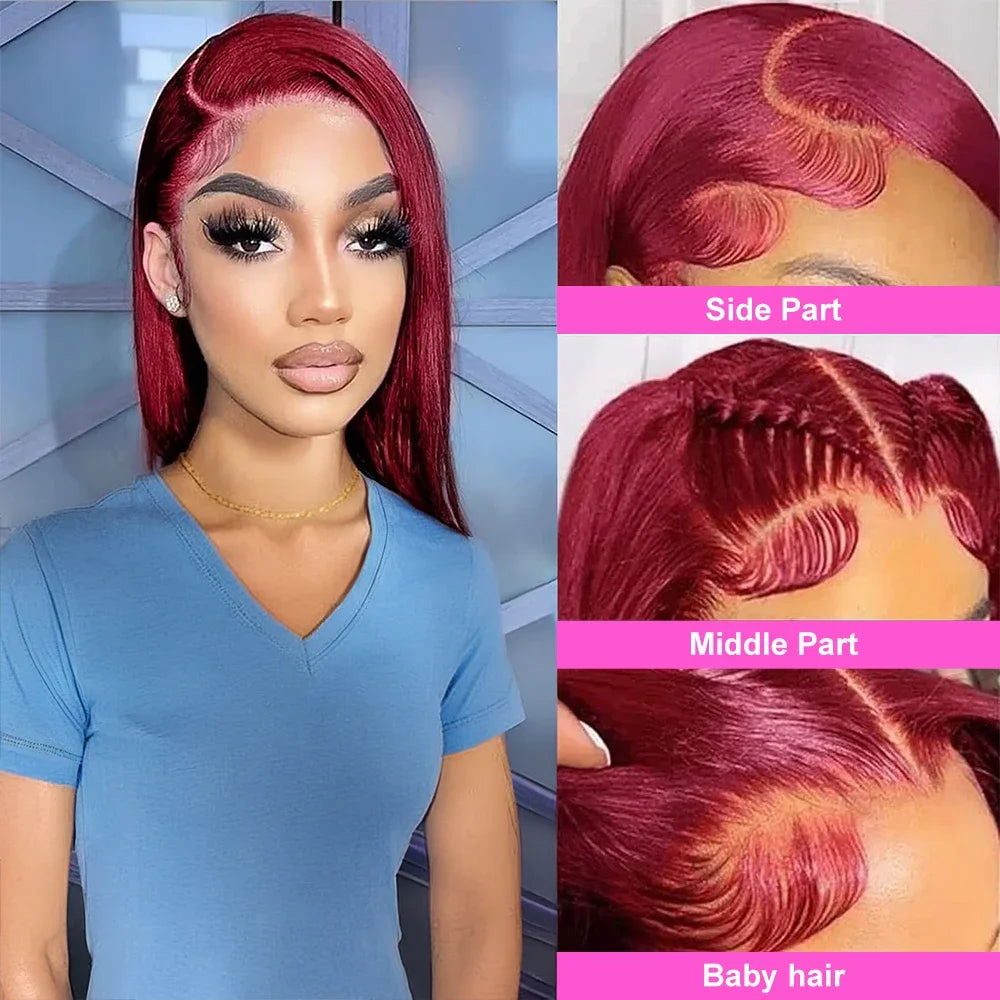 13x4 Wear & Go Glueless Straight Bob Wig – 99J Burgundy Red Human Hair