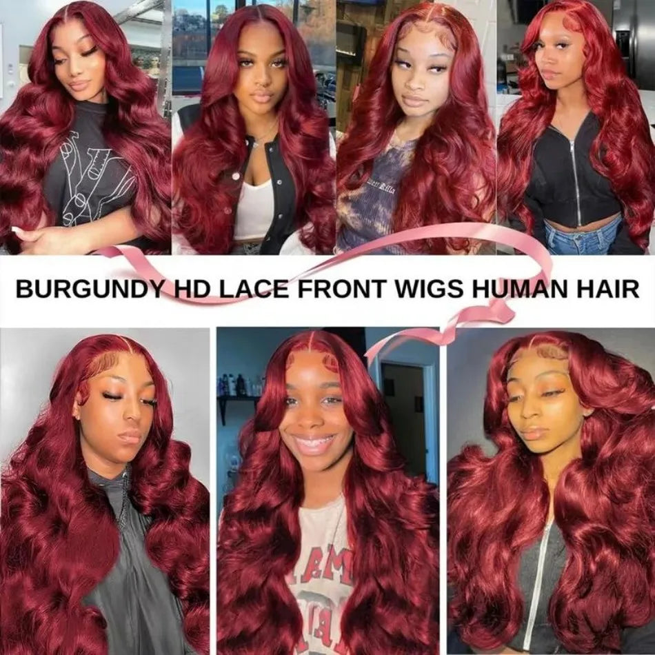 99J Burgundy Body Wave Human Hair Wig (13x6/13x4 HD Lace Front, 250% Density)