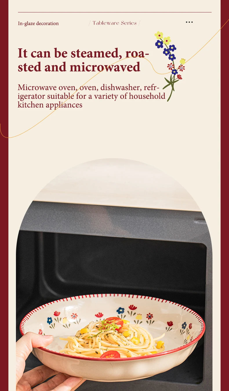 Vintage Floral Ceramic Dinnerware Set – Retro Soup Bowls, Salad & Pasta Plates, Microwave Safe Porcelain Tableware