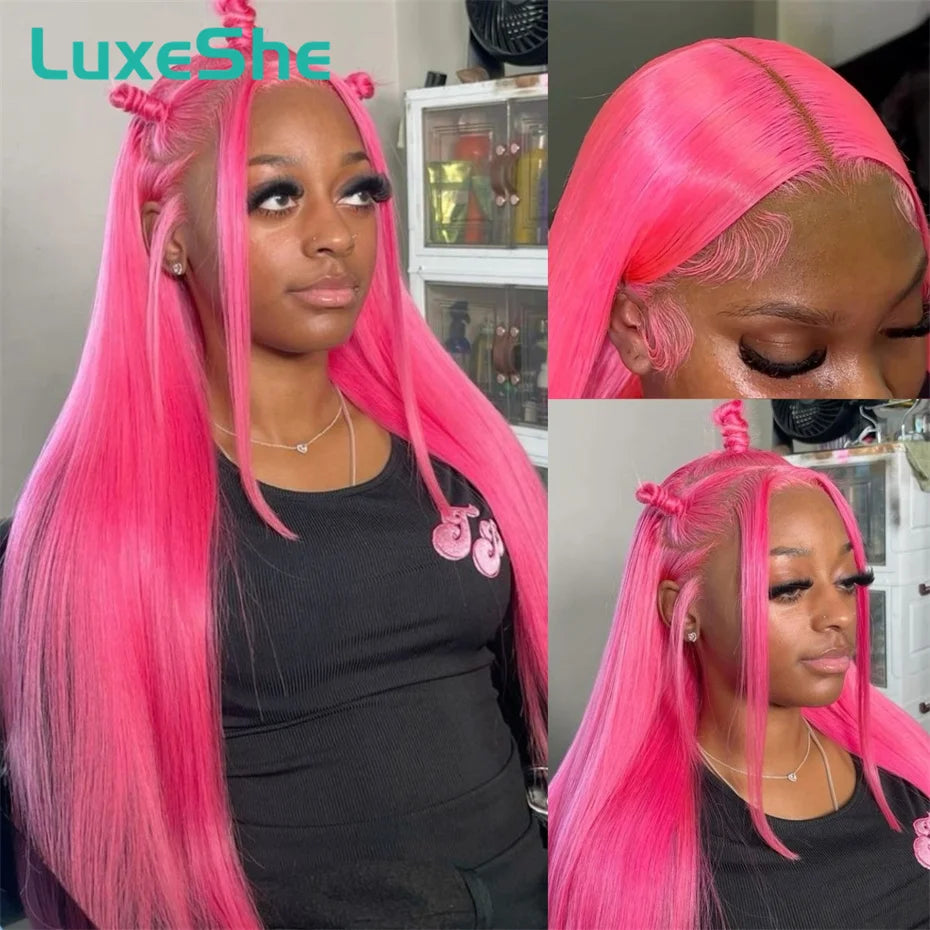Pink HD Straight Lace Front Human Hair Wig 13x6 – Pre Plucked Baby Hair, 180% Density