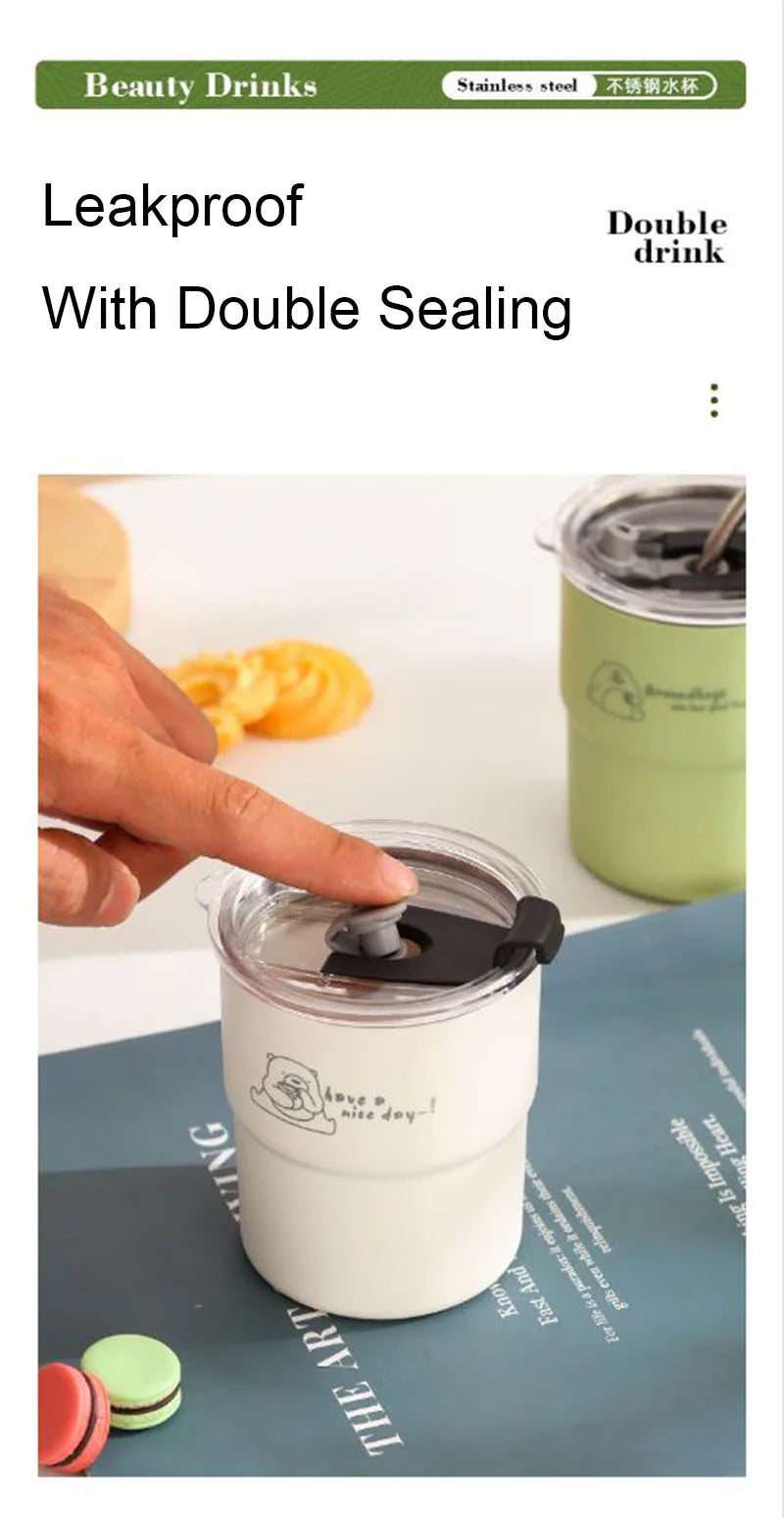 300ml Stainless Steel Tumbler with Straw & Lid – Portable Coffee Travel Mug