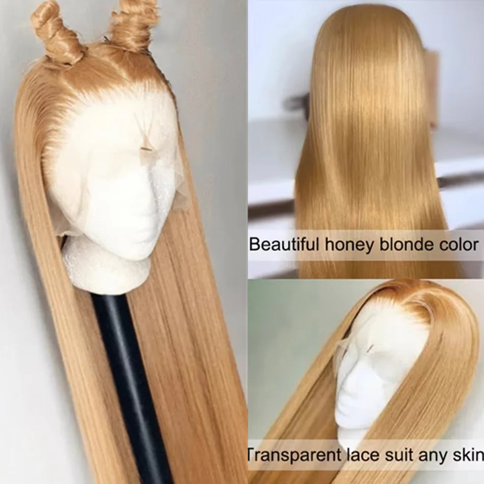 Bone Straight Honey Blonde 13x6 HD Lace Front Wig – 27# Brazilian Human Hair, Long Straight Glueless Wig