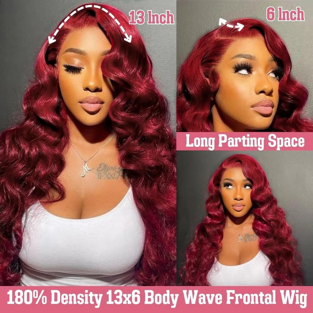 CanaryFly 99J Burgundy 13x6 HD Transparent Lace Frontal Body Wave Human Hair Wig (Pre-Plucked)