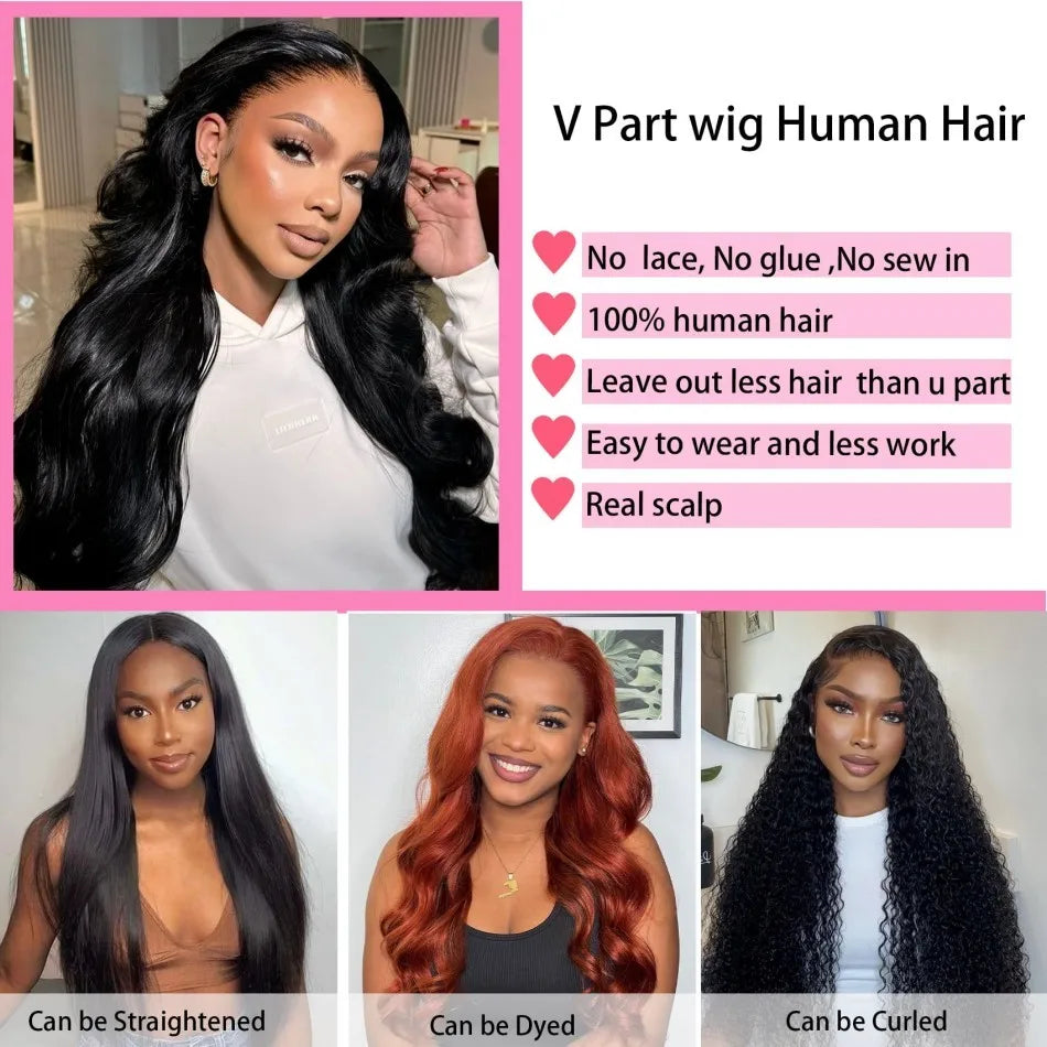 Glueless V Part Straight Human Hair Wig (220% Density, Natural Black, Beginner Friendly, No Leave Out)