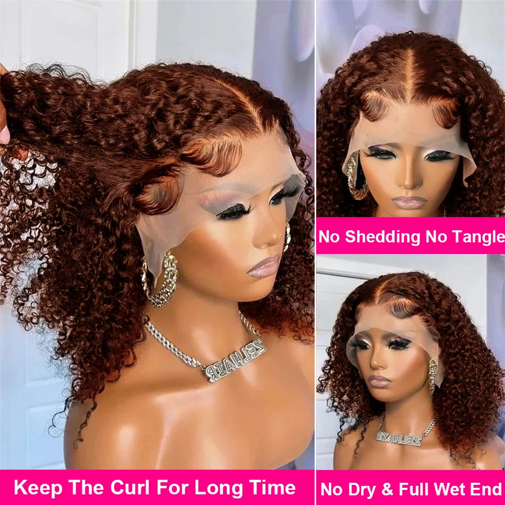 Happy Monday #4 Chocolate Brown Kinky Curly Bob Wig – 13x4 HD Transparent Lace Front, Deep Wave Remy Human Hair (Pre-plucked)