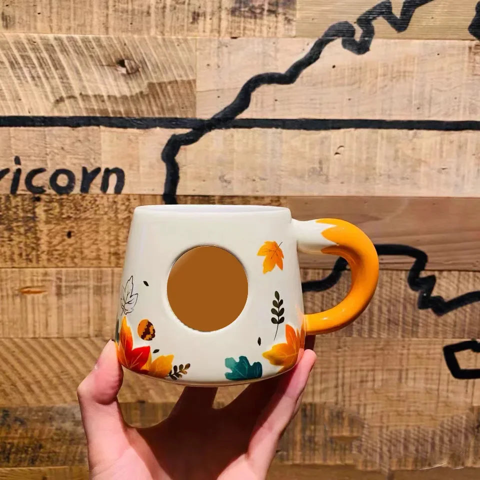 Autumn Forest Animal Ceramic Mug with Lid – Cute Fox, Rabbit & Squirrel Cup
