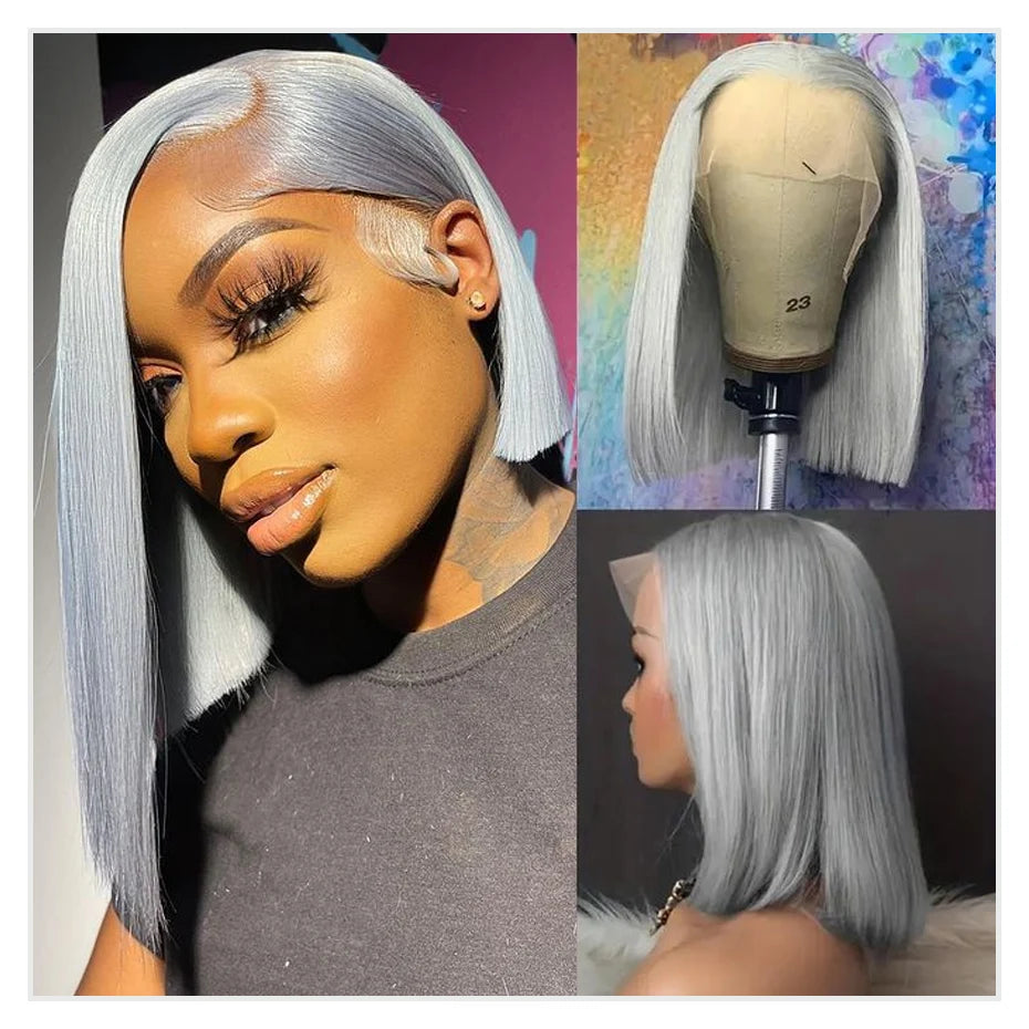 Silver Grey Bob Wig | 13x6 Lace Front Human Hair Wig | Straight Brazilian Remy Hair | 200% 250% Density