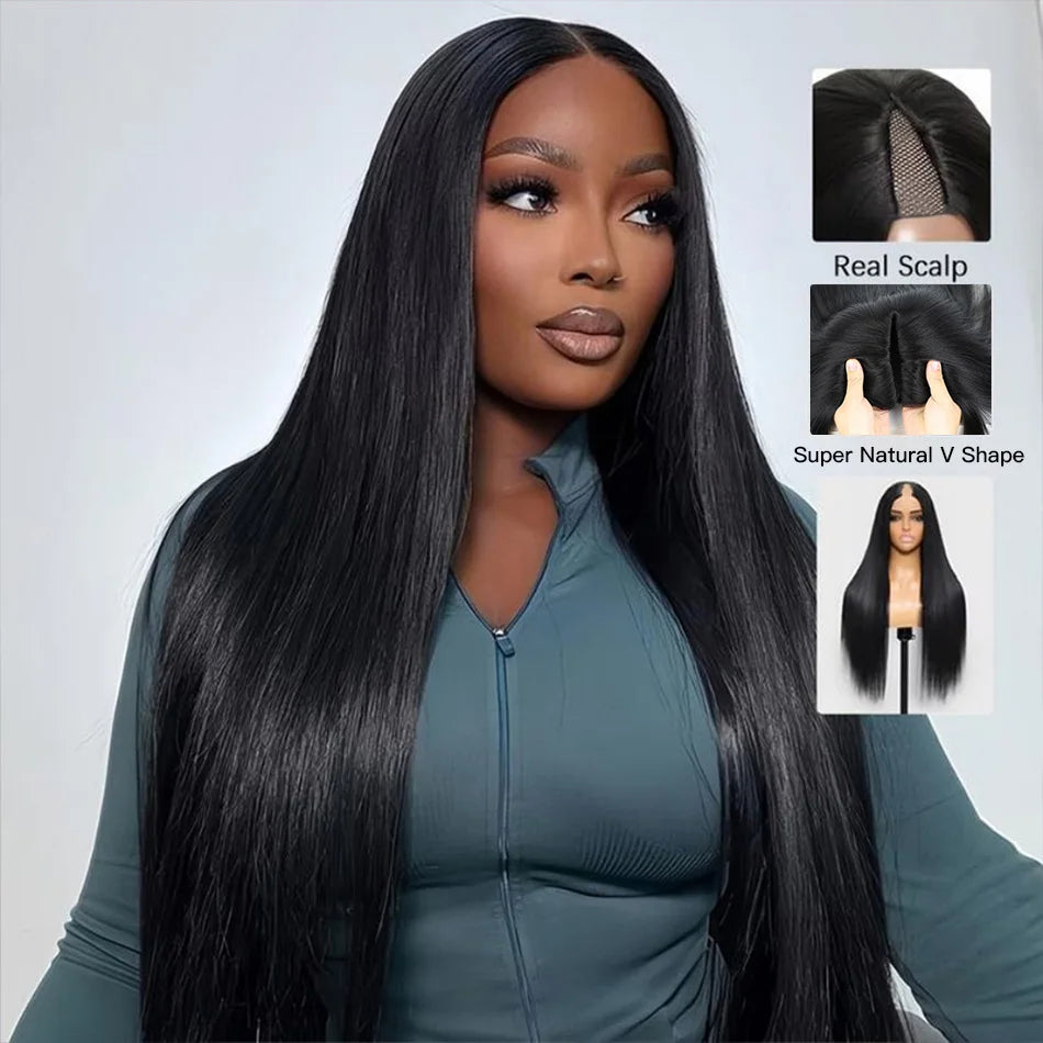 Glueless V Part Straight Human Hair Wig (220% Density, Natural Black, Beginner Friendly, No Leave Out)