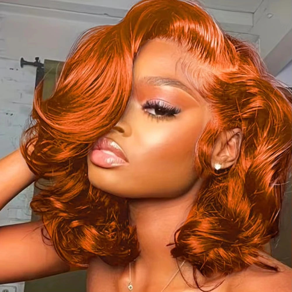 Ginger Orange Body Wave Bob Glueless 4x4 HD Lace Closure Remy Human Hair Wig (#350, Pre-Plucked)