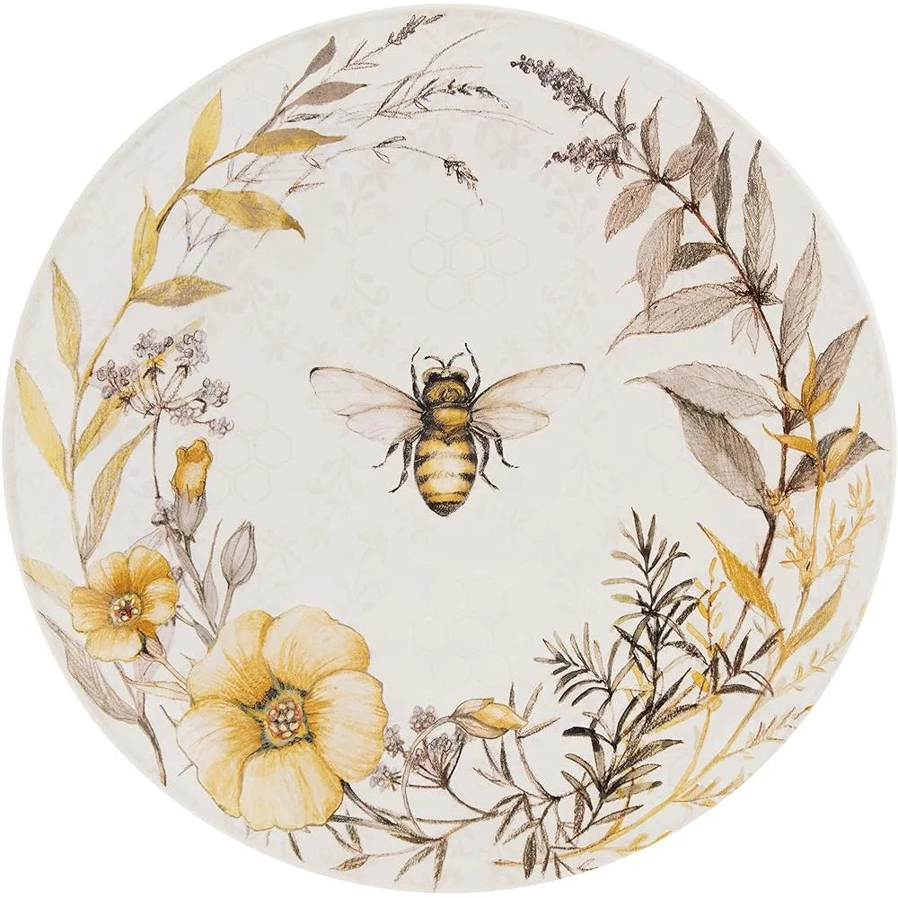 Floral Bee Ceramic Dinner Plates Set of 4 – 10.75" Nature-Inspired Tableware, Dishwasher Safe