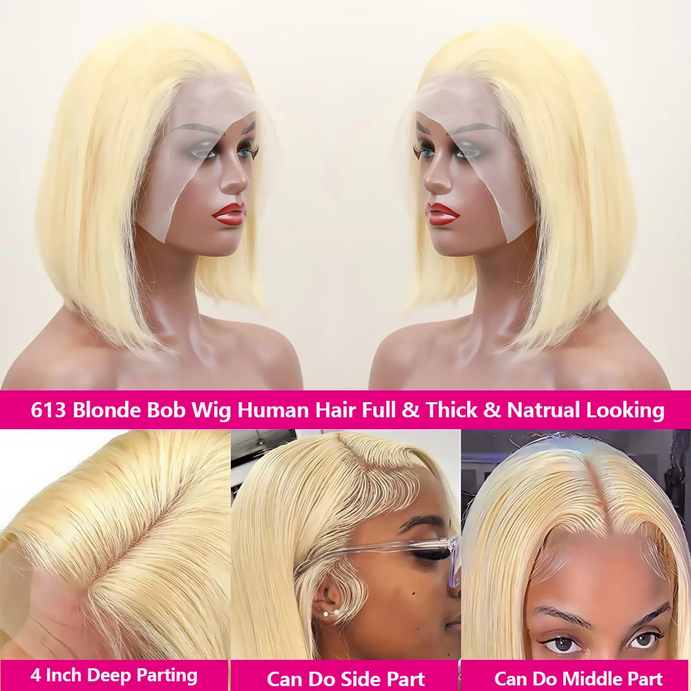613 Blonde Short Bob Wig – 13x4 Lace Front Human Hair, Pre-Plucked, 180% Density