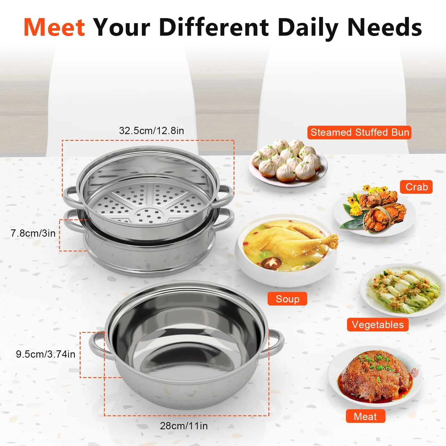 28CM 3-Tier Stainless Steel Food Steamer – Multi-Function Cooking Pot for Kitchen