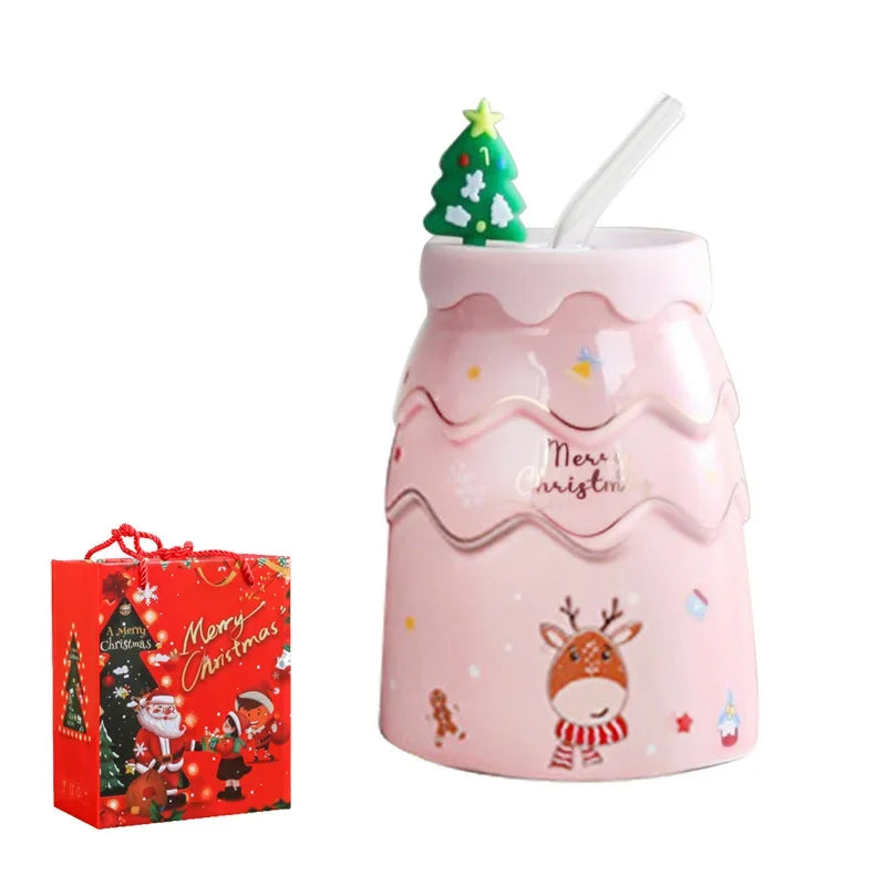 🎅 Christmas Ceramic Mug with Lid & Straw – Santa, Snowman & Tree Design Gift Cup