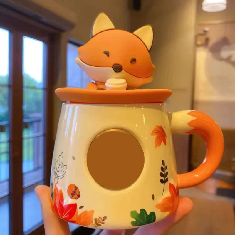 Autumn Forest Animal Ceramic Mug with Lid – Cute Fox, Rabbit & Squirrel Cup