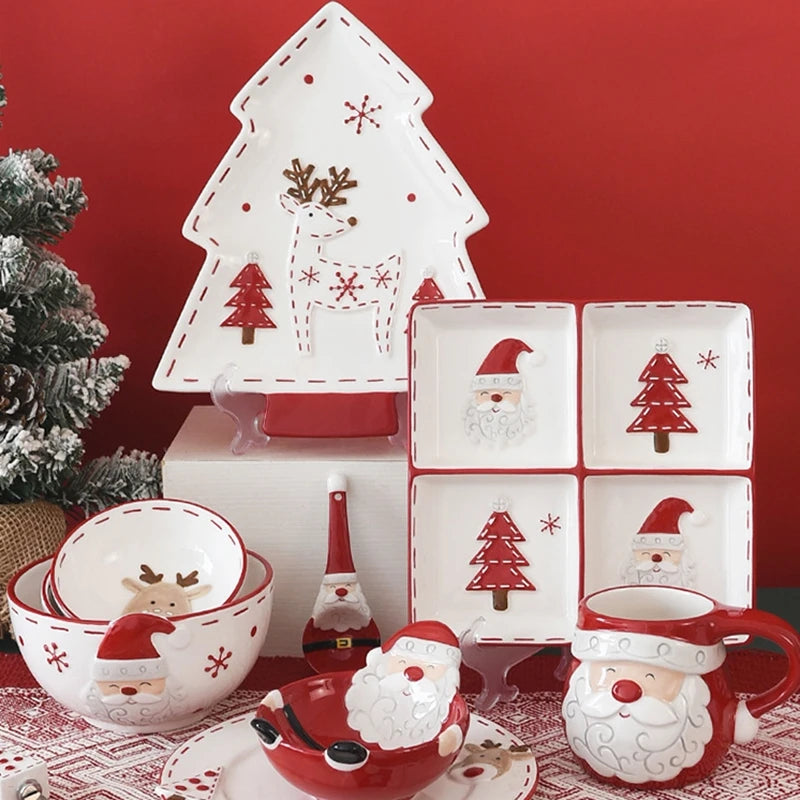 Christmas Ceramic Dinnerware Set – Santa, Snowman, and Tree Plates, Mugs & Bowls for Festive Holiday Table Decor