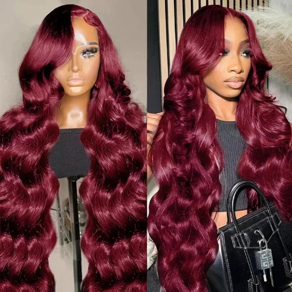 CanaryFly 99J Burgundy 13x6 HD Transparent Lace Frontal Body Wave Human Hair Wig (Pre-Plucked)