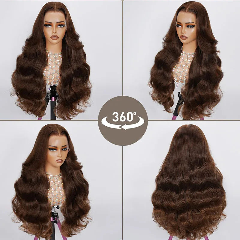 Chocolate Brown 13x4 Body Wave Transparent Lace Front Human Hair Wig – Pre-Plucked, 200% Density, 30 Inch