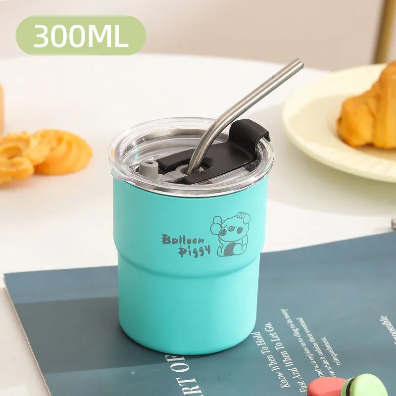 300ml Stainless Steel Tumbler with Straw & Lid – Portable Coffee Travel Mug