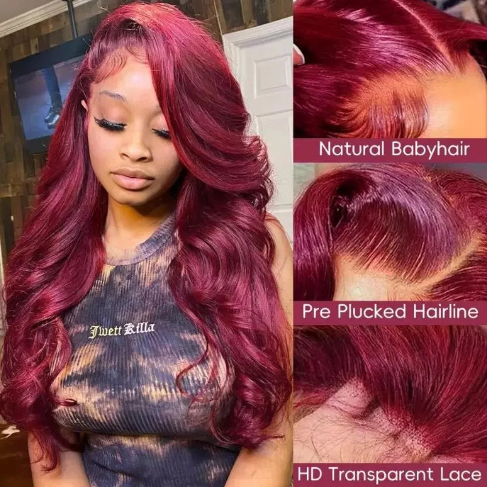 CanaryFly 99J Burgundy 13x6 HD Transparent Lace Frontal Body Wave Human Hair Wig (Pre-Plucked)