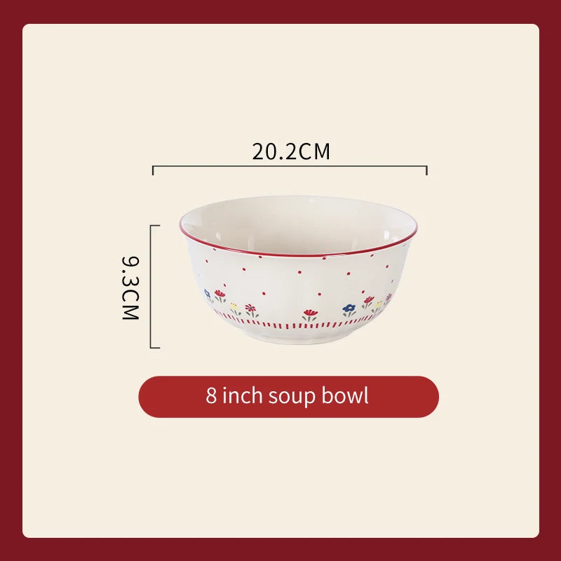 Vintage Floral Ceramic Dinnerware Set – Retro Soup Bowls, Salad & Pasta Plates, Microwave Safe Porcelain Tableware