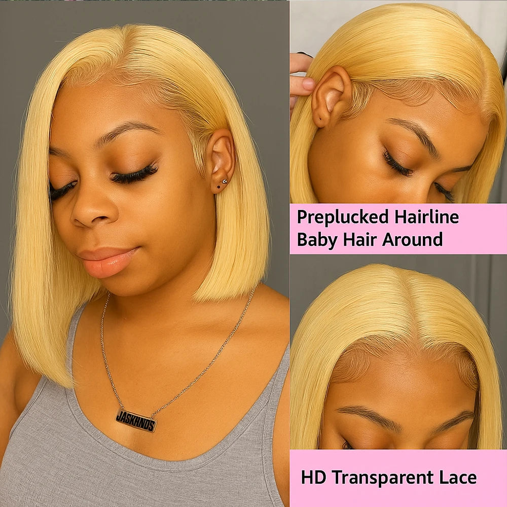 13x4 Blonde HD Transparent Lace Front Wig – 613 Short Straight Bob Human Hair Wig for Women