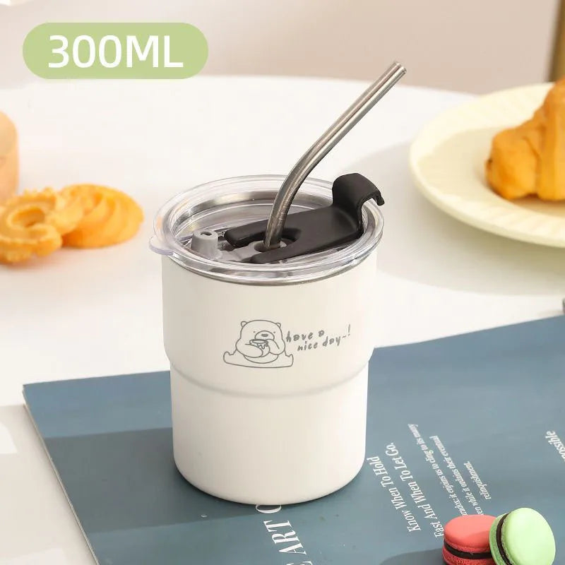 300ml Stainless Steel Tumbler with Straw & Lid – Portable Coffee Travel Mug