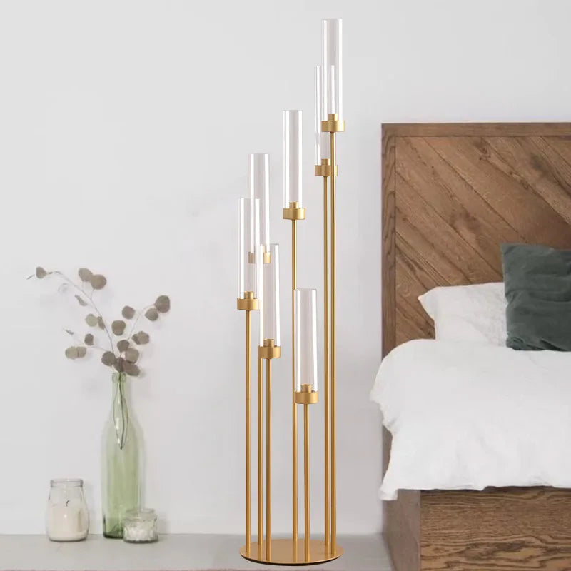 4 Sets 7-Arms Gold Floor Candelabra – 48” Tall Metal Candle Holders with Acrylic Lampshades for Wedding & Home Décor