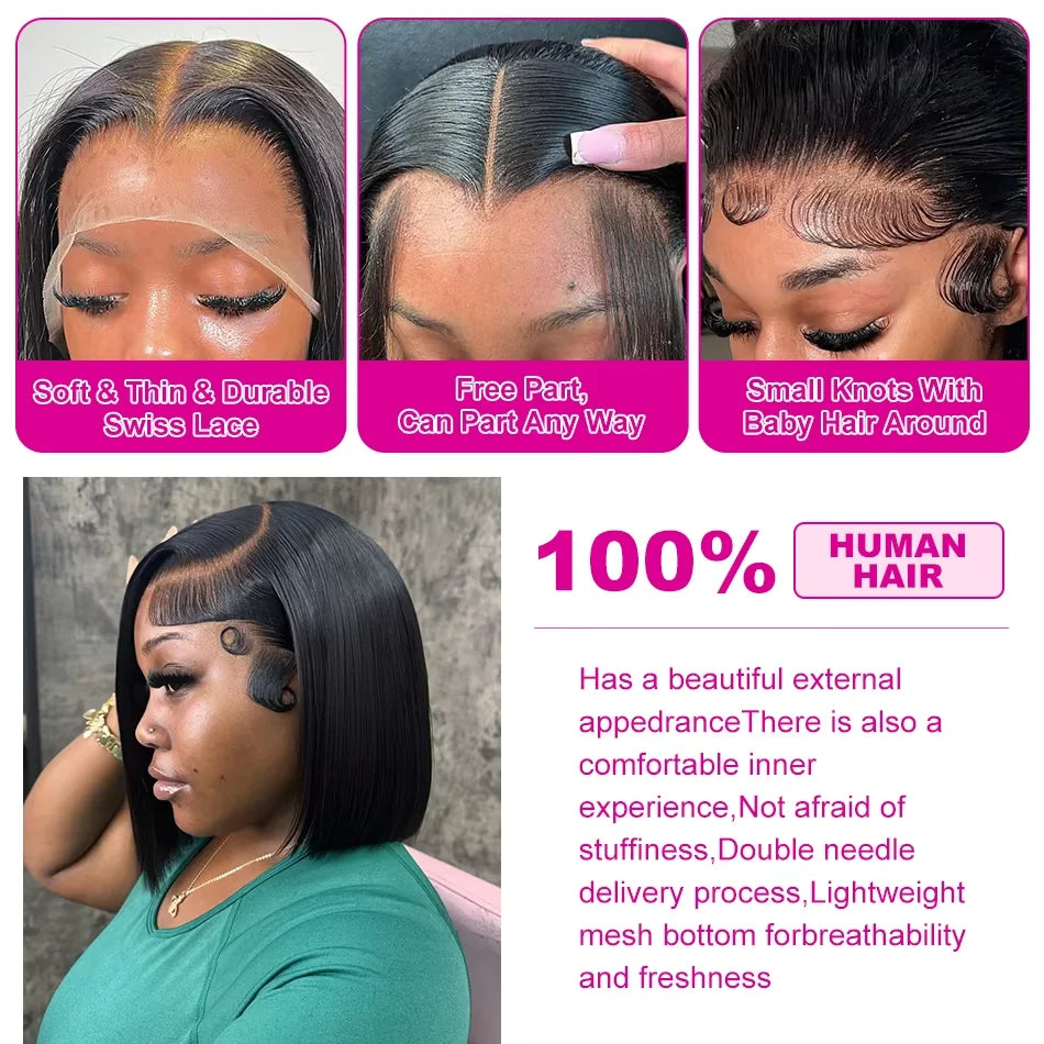 14 & 16 Inch HD Transparent Bone Straight Bob Lace Wig – 4x4 / 5x5 / 13x4, 250% Density, Natural Black