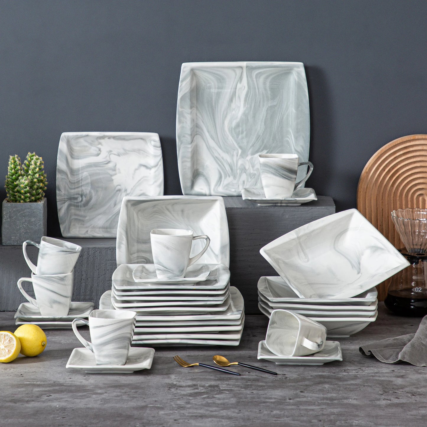 MALACASA 30/60-Piece Marble Grey Porcelain Dinnerware Set | Modern Tableware for 6–12 Persons with Plates, Cups & Saucers