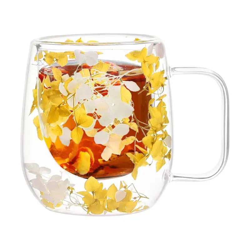🌸 Double Wall Glass Cup 200ml – Clear Dried Flower Coffee & Tea Mug with Handle