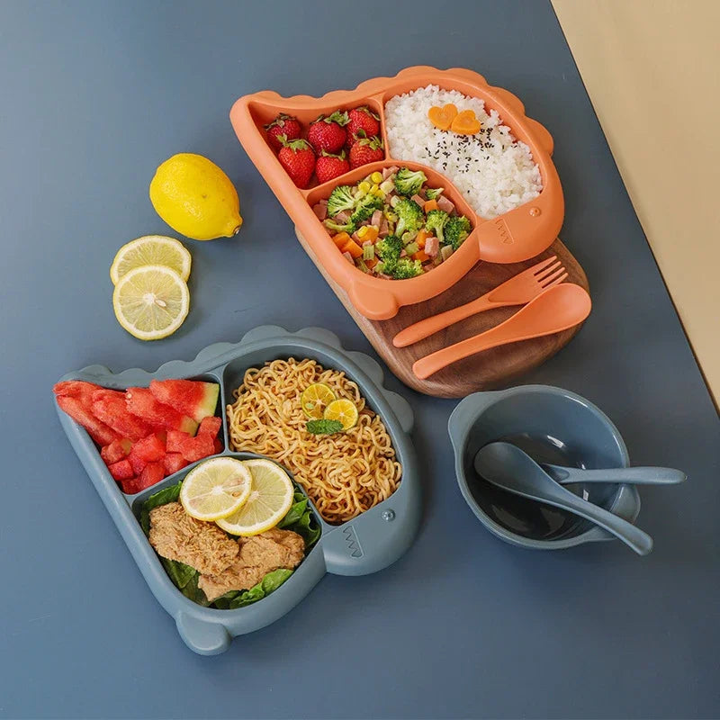 Dinosaur Baby Tableware Set – Large 3-Compartment Plate with Spoon & Fork for Balanced Meals