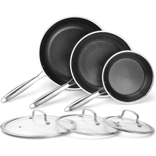 6-Piece Hybrid Nonstick Frying Pan Set – 8", 10" & 12" Cookware with Glass Lids & Cool-Touch Handles
