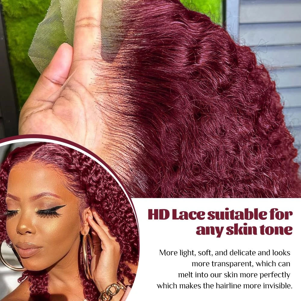 99J Burgundy Water Wave Bob 13x4 Transparent Lace Front Remy Brazilian Human Hair Wig (Short)