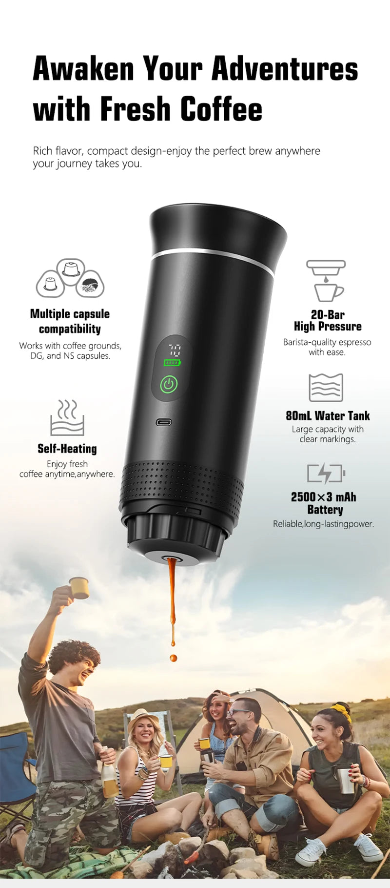 Portable 3-in-1 Espresso Coffee Maker — Digital Display Capsule Machine for Car, Home & Camping