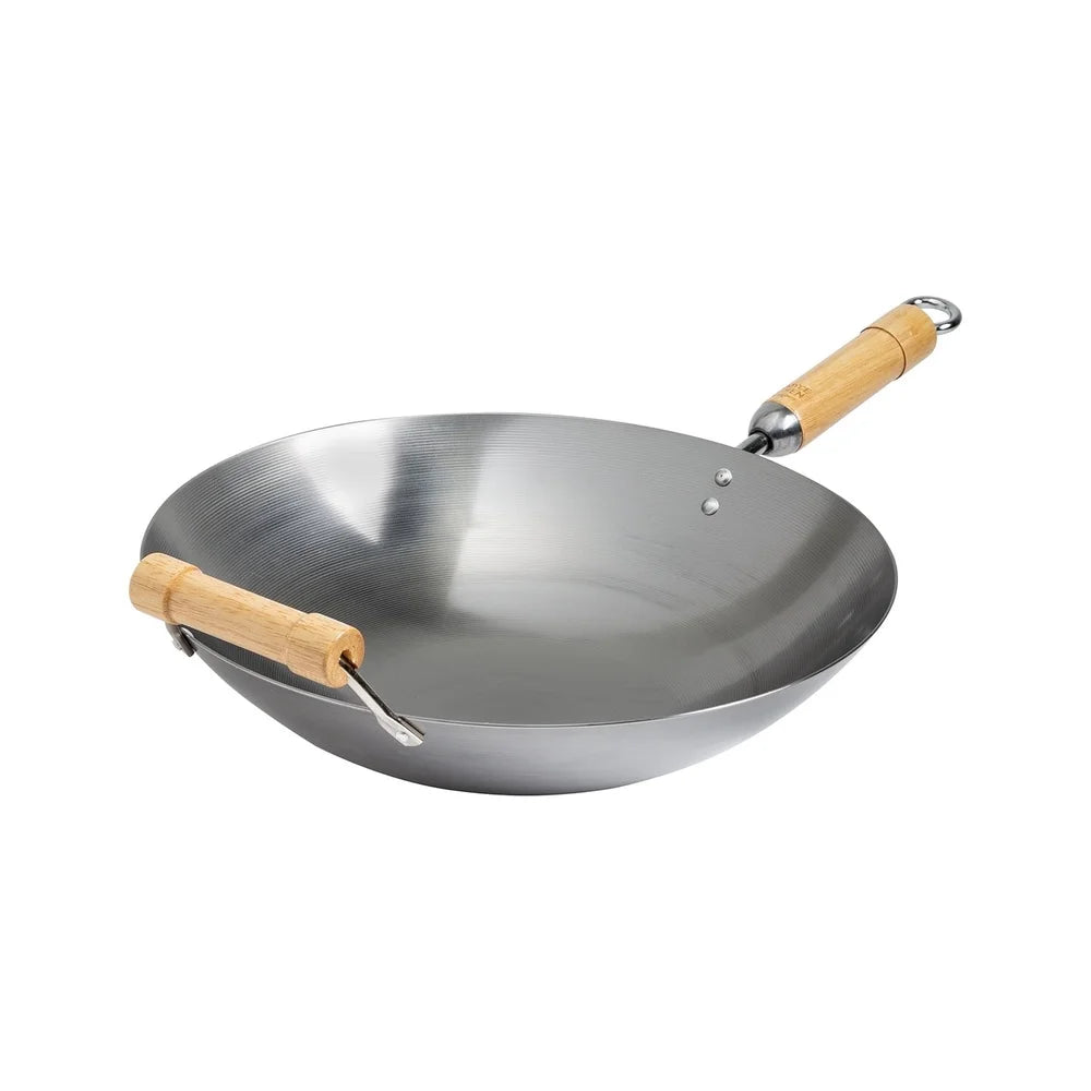 14-Inch Carbon Steel Wok – Round Bottom, Birch Handles, Induction Safe